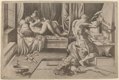 Venus og Mars omfavner med Vulcan i hans smedje af Enea Vico after Parmigianino