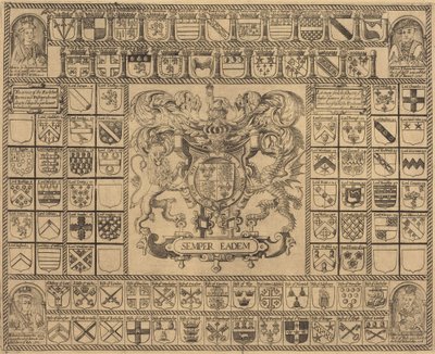 Våbenskjolde med hjørneportrætter af Henry VII, Henry VIII, Edward VI og Mary af English 16th Century