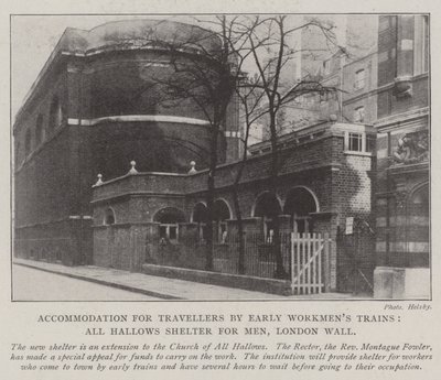 Indkvartering for rejsende med Early Workmens-tog, All Hallows Shelter for Men, London Wall af English Photographer