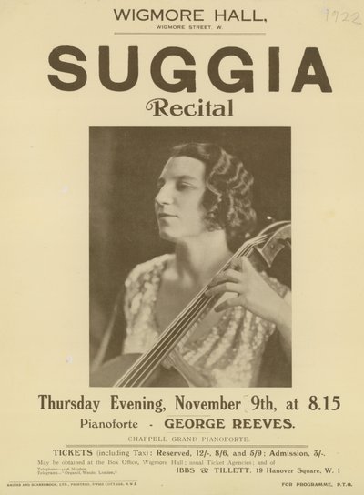 Annoncer for en Suggia-recital i Wigmore Hall af English Photographer