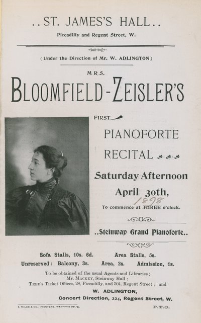 Annonce for en koncert af Fannie Bloomfield-Zeisler af English Photographer