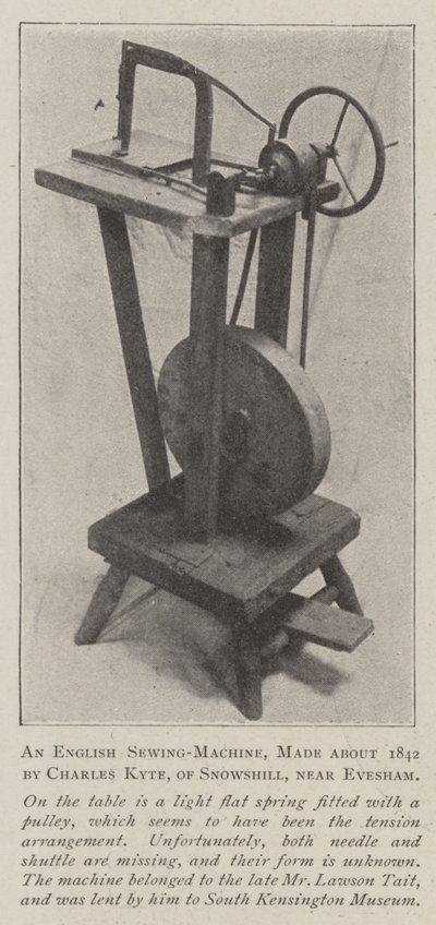 En engelsk symaskine, lavet omkring 1842 af Charles Kyte, fra Snowshill, nær Evesham af English Photographer