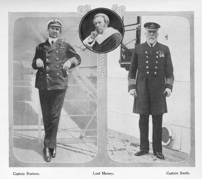 Arthur Henry Rostron, kaptajn på RMS Carpathia, der reddede Titanic-overlevende (til venstre), Lord Mersey, der stod i spidsen for Titanic-undersøgelseskommissionen (i midten) og Edward John Smith, Kaptajn på Titanic (til venstre) af English Photographer