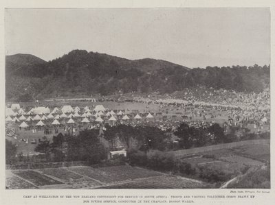 Lejr i Wellington af det New Zealandske kontingent for tjeneste i Sydafrika, tropper og besøgende frivillige korps udarbejdet til gudstjeneste, ledet af kapellanen, biskop Wallis af English Photographer