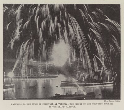 Farvel til hertugen af Cornwall ved Valetta, flyvningen af tusinde raketter i Grand Harbor af English Photographer
