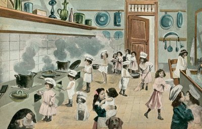 Piger laver mad i køkkenet (foto i farver) af English Photographer