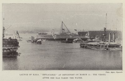 Lancering af HMS Implacable i Devonport den 11. marts, fartøjet efter at hun havde taget vandet af English Photographer