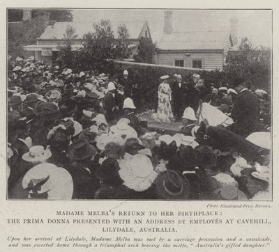Madame Melbas Vend tilbage til hendes fødested, Prima Donna præsenteret med en adresse af ansatte i Cavehill, Lilydale, Australien af English Photographer