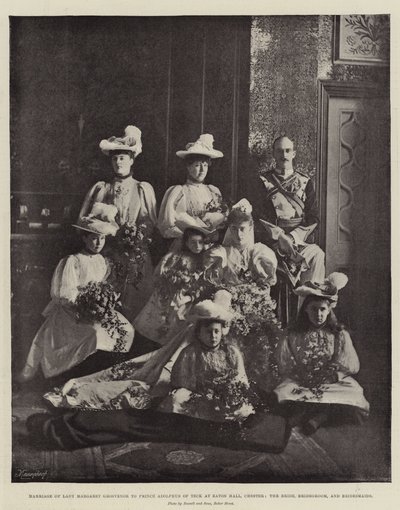 Lady Margaret Grosvenors ægteskab med prins Adolphus af Teck i Eaton Hall, Chester, bruden, brudgommen og brudepiger af English Photographer