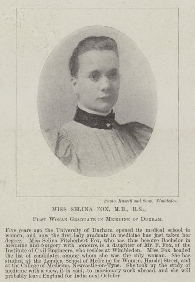 Miss Selina Fox, MB, BS, First Woman Graduate in Medicine of Durham af English Photographer