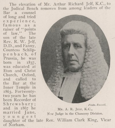 A R Jelf, KC, ny dommer i kancelliafdelingen af English Photographer