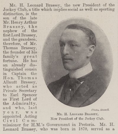 Hr Leonard Brassey, ny præsident for Jockey Club af English Photographer
