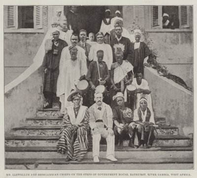 Hr. Llewellyn og Senegambiske høvdinge på trapperne til regeringshuset, Bathurst, Gambia-floden, Vestafrika af English Photographer