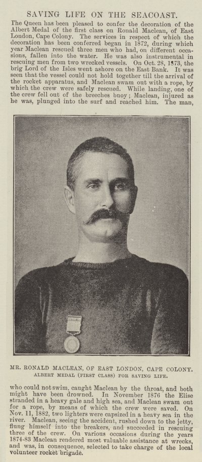 Mr. Ronald Maclean, fra East London, Cape Colony, Albert Medal (første klasse) for at redde liv af English Photographer