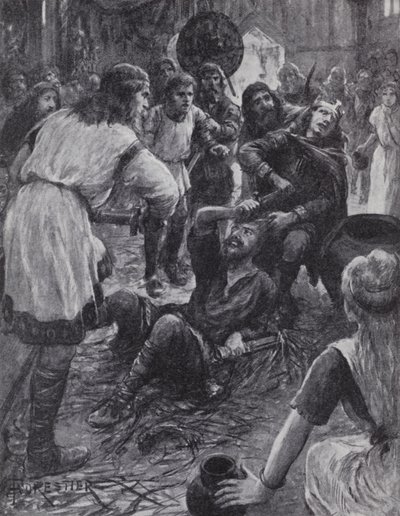 Mordet på kong Edmund I, mens han deltog i St. Augustinsdagsmessen i Pucklechurch, Gloucestershire, 946 (litho) af English Photographer