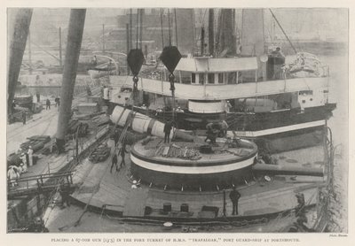 Placering af en 67-tons pistol (13,5) i fortårnet på HMS Trafalgar, Port Guard-Ship i Portsmouth af English Photographer
