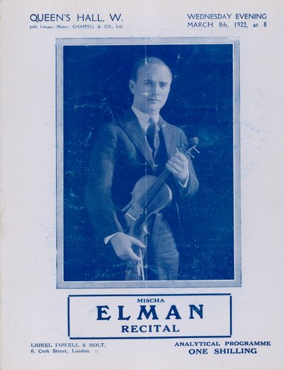 Program for Mischa Elman-recital, Queens Hall, den 8. marts 1922 af English Photographer