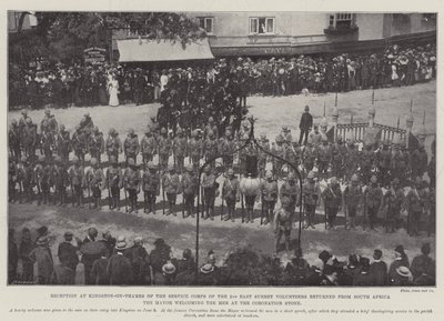 Modtagelse i Kingston-on-Thames af Service Corps of the 2nd East Surrey Volunteers vendte tilbage fra Sydafrika, borgmesteren byder velkommen til mændene ved kroningsstenen af English Photographer