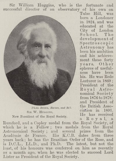 Sir W Huggins, ny præsident for Royal Society af English Photographer