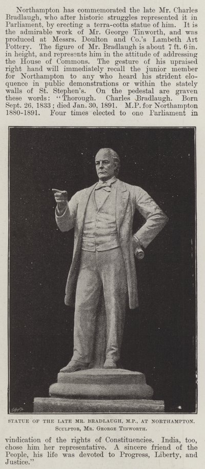 Statue af afdøde hr. Bradlaugh, MP, i Northampton, billedhugger, hr. George Tinworth af English Photographer