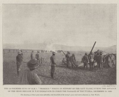 12-punds kanonerne fra HMS Terrible skyder til støtte for venstre flanke under den irske brigades fremrykning i bestræbelsen på at tvinge passagen af Tugela, 15. december 1899 af English Photographer