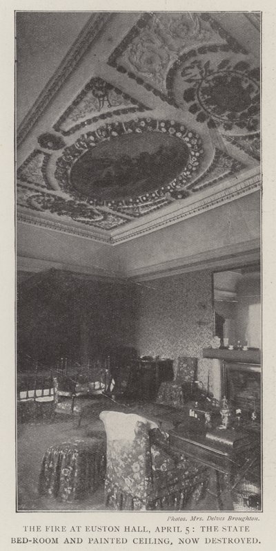 Branden i Euston Hall, 5. april, statens soveværelse og malet loft, nu ødelagt af English Photographer