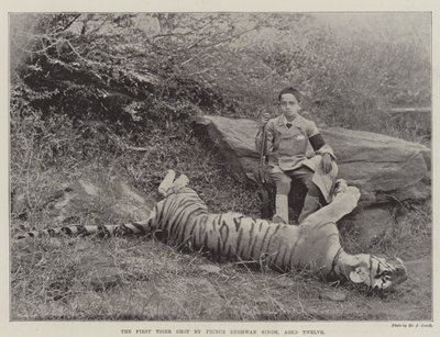 Den første tiger skudt af prins Bughwan Singh, tolv år gammel af English Photographer