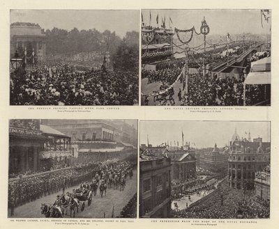 De udenlandske prinser passerer Hyde Park Corner, Sir Wilfrid Laurier, GCMG, Canadas premier, og Colonial Escort i Pall Mall, Naval Brigade krydser London Bridge, Procession fra Roof of the af English Photographer