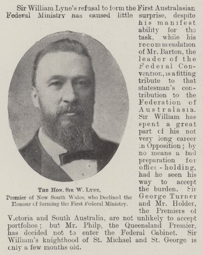 Den ærede Sir W Lyne, Premier i New South Wales, som afviste æren af at danne det første føderale ministerium af English Photographer