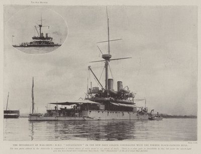 Krigsskibenes usynlighed, HMS Devastation i den nye grå farve i kontrast til det tidligere sortmalede skrog af English Photographer