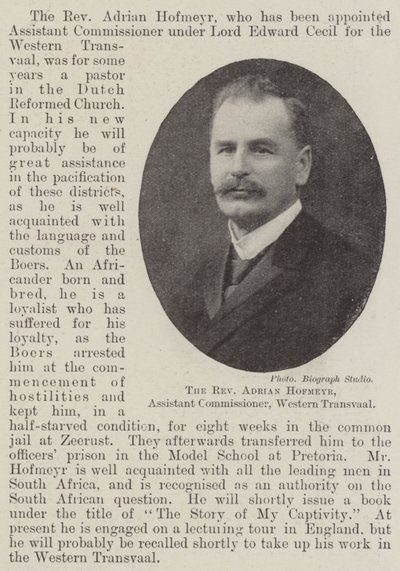 Pastor Adrian Hofmeyr, assisterende kommissær, Western Transvaal af English Photographer