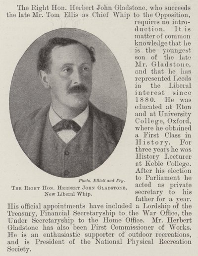 Den rette ærede Herbert John Gladstone, New Liberal Whip af English Photographer