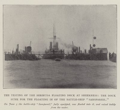 Testen af Bermuda Floating Dock ved Sheerness, dokken sænket for at flyde ind af Battle-Ship Sanspareil af English Photographer