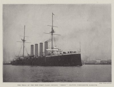Retssagen mod den nye førsteklasses krydser Cressy, der forlader Portsmouth Havn af English Photographer