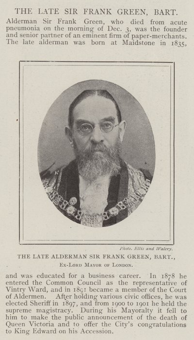 Den afdøde rådmand Sir Frank Green, Baronet, tidligere overborgmester i London af English Photographer
