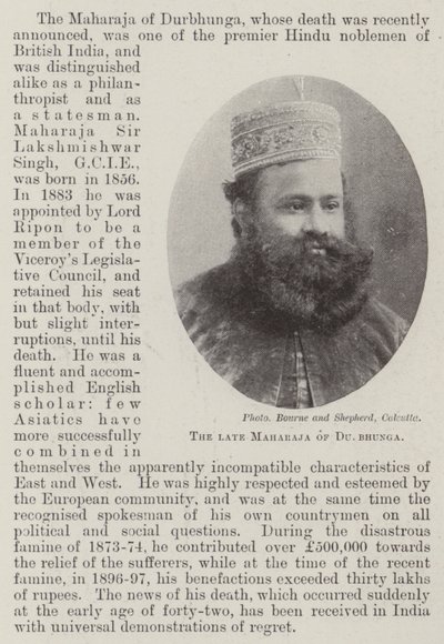 Den afdøde Maharaja af Durbhunga af English Photographer