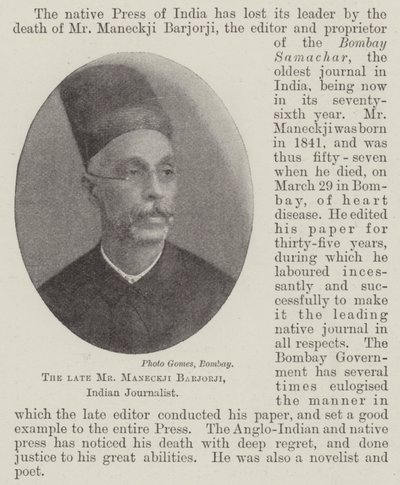 Afdøde hr. Maneckji Barjorji, indisk journalist af English Photographer