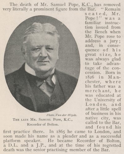 Den afdøde hr. Samuel Pope, KC, Recorder of Bolton af English Photographer