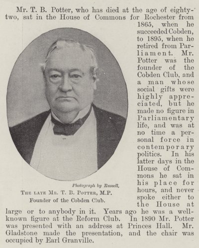 Den afdøde hr. TB Potter, MP, grundlægger af Cobden Club af English Photographer