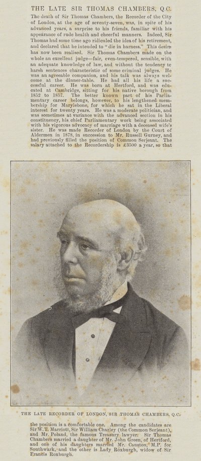 Den afdøde Recorder of London, Sir Thomas Chambers, QC af English Photographer
