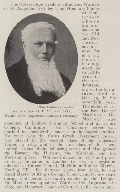 Den afdøde pastor GF Maclear, DD, Warden of St Augustines College, Canterbury af English Photographer