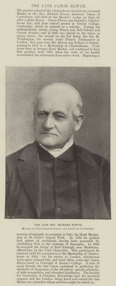 Den afdøde pastor Richard Elwyn, Master of Charterhouse School og Canon of Canterbury af English Photographer