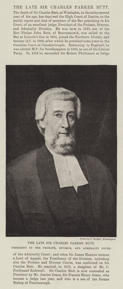 Afdøde Sir Charles Parker Butt, præsident for Skifte-, Skilsmisse- og Admiralitetsdomstolen af English Photographer