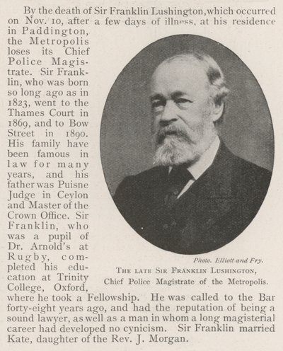 Afdøde Sir Franklin Lushington, politimester i Metropolis af English Photographer