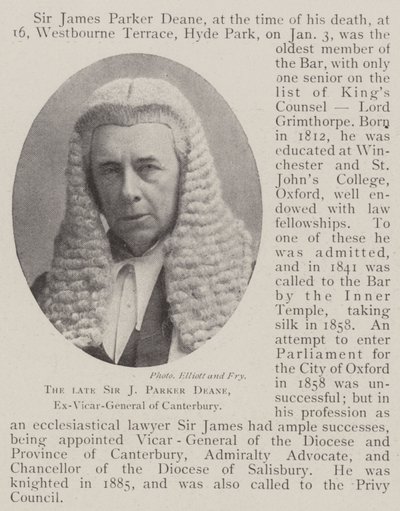 Den afdøde Sir J Parker Deane, eks-generalvikar i Canterbury af English Photographer