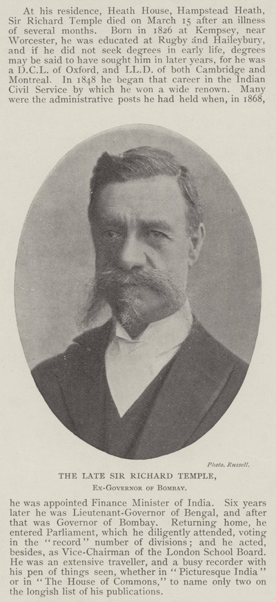 Den afdøde Sir Richard Temple, tidligere guvernør i Bombay af English Photographer