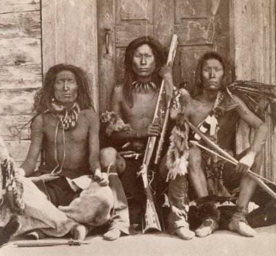 Three Indian Braves, fotograferet af Royal Engineers on the Forty-Ninth Parallel (sepia foto) af English Photographer