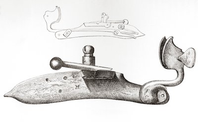 Tændstiklås fra 1600-tallet. Mekanisme eller lås, der bruges til at affyre et håndholdt skydevåben, fra The British Army: Its Origins, Progress and Equipment, udgivet 1868. af English School
