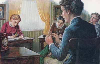 1873, tre studerende fra det nyetablerede Girton College aflægger deres afsluttende eksamen (farvelitografi) af English School