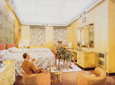 Et soveværelse ombord på RMS Caronia, ca. 1950 af English School